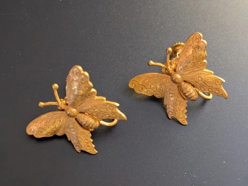 Vintage Miriam Haskell Earrings Butterfly Clip On Screw Back Matte Goldtone