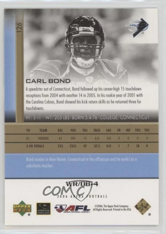 2006 Upper Deck Arena Football Gold /100 Carl Bond #126 - Image 2 of 2