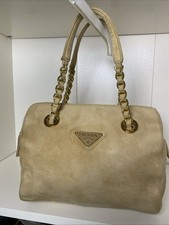 Authentic Vintage PRADA Suede Chain Handbag Beige Camel Scamoscio COA