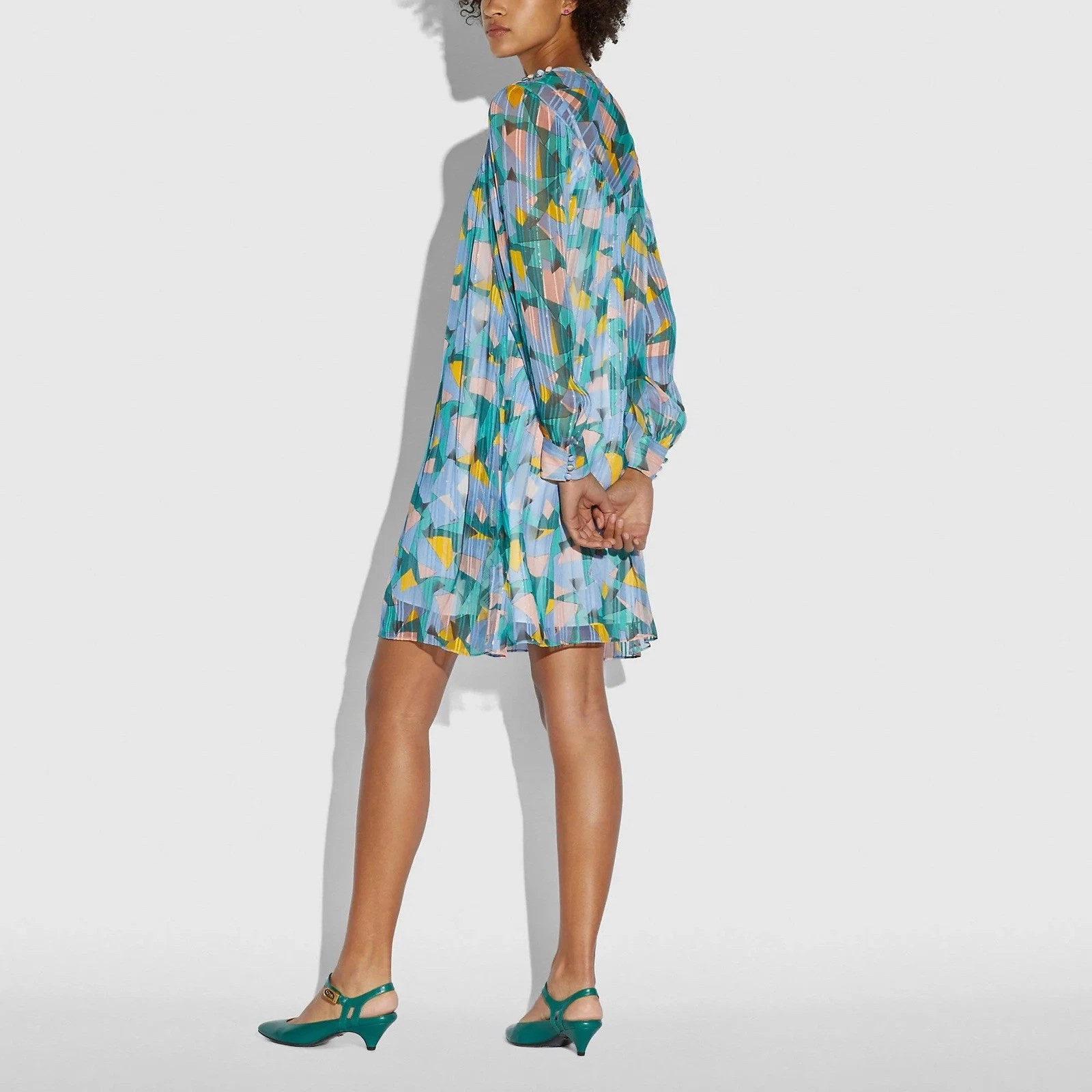 Mini abito Coach colorato audace Geo Yoke manica lunga taglia 6