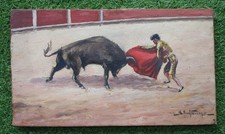 Tableau ancien signé, corrida tauromachie taureau arène toréador huile sur toile