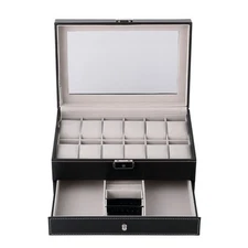 Double Layer 12 slots Watch Box with PU Leather & Glass Window,Jewelry Case Gift