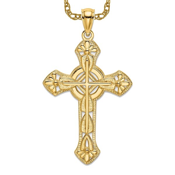 14K Yellow Gold Flower Cross Necklace Charm Pendant With Chain 16 inch