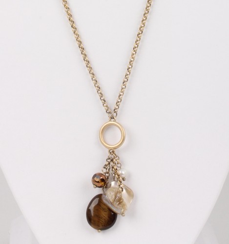 COSTUME BROWN TIGERS EYE, MOTHER OF PEARL & BEADS LARIAT STYLE NECKLACE 4382