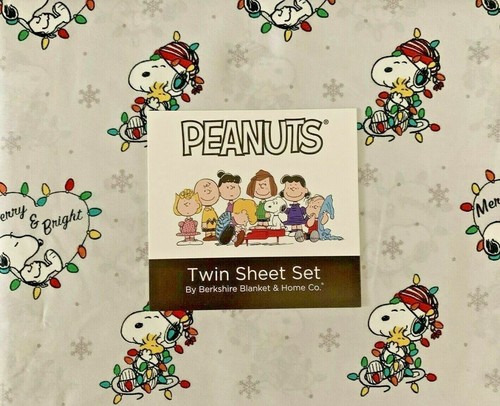 Berkshire Peanuts Christmas Lights TWIN FULL Sheet Set Snoopy Woodstock Gray - Picture 11 of 12
