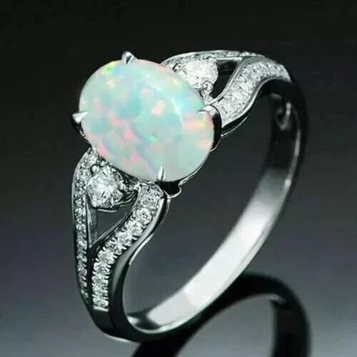 2.50Ct Oval Cut Lab-Created Fire Opal Engagement Ring 14K White Gold Plated - Picture 5 of 7