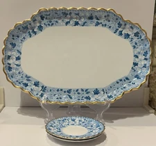 Antq 19th Cnt Copeland Spode Rare Scalloped Serving Platter Teal Flowers 4637 ++