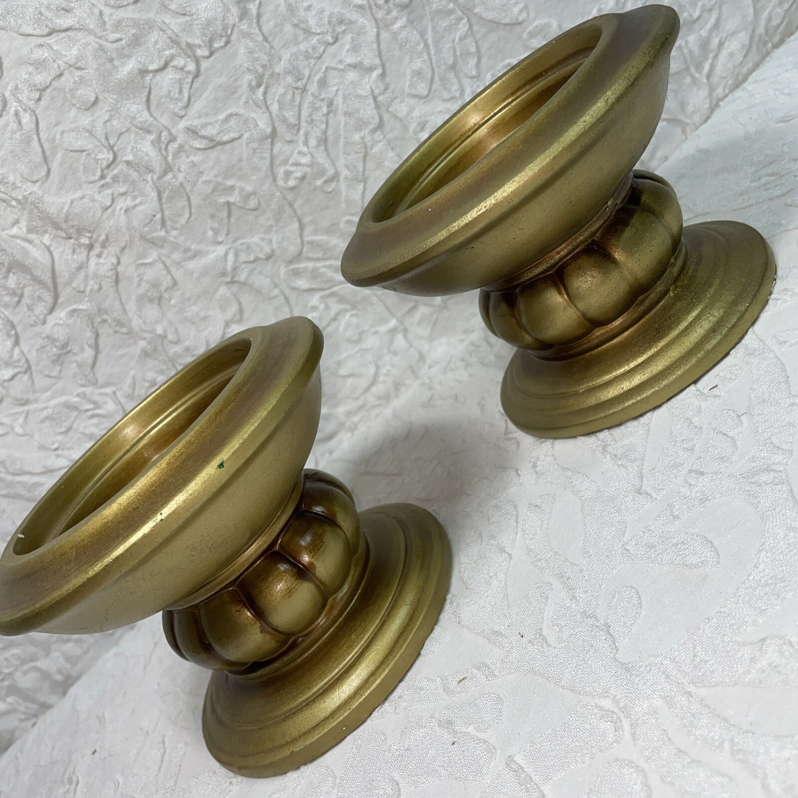 PAIR VINTAGE 4”TALL GOLD TRIMONT WARE PILLAR PEDESTAL CANDLE HOLDER