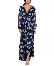 BETSY  ADAM Women's Navy Tie Waist Side Slit Lined Long Sleeve Formal Dress 2