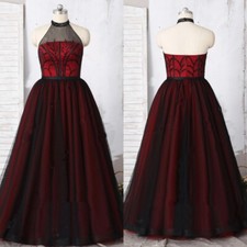 Black Red Gothic Wedding Dresses Halter Neck Backless Sleeveless Bridal Gowns