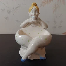 Fitz & Floyd Porcelain Ivory Colored Lady In Green Polka Dots At Teatime