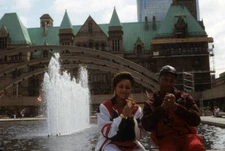 Rapper Michie Mee and DJ L.A. Luv appear in a portrait taken on J - Old Photo