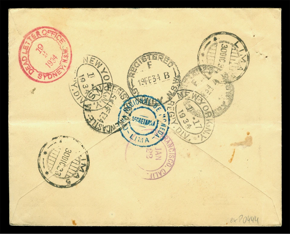 PERÚ 1934 CORREO CERTIFICADO OFICIAL cubierta con Sc# O31x3 a AUSTRALIA NSW redirección Foto 2 de 2