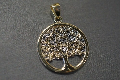 14K Solid Yellow Gold Beautiful 1" Two Tone Circle Tree Of Life Charm Pendant. - Picture 8 of 10