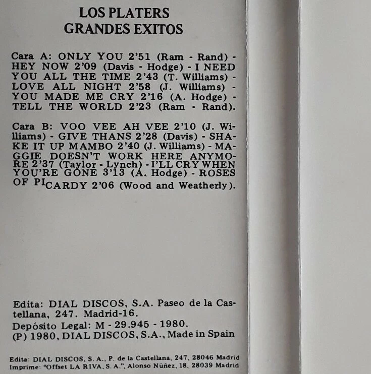 Los Platers-Grandes Exitos Cassette.1980 Doblon 10 1533.Hey Now/Only You+ - Image 4 of 4