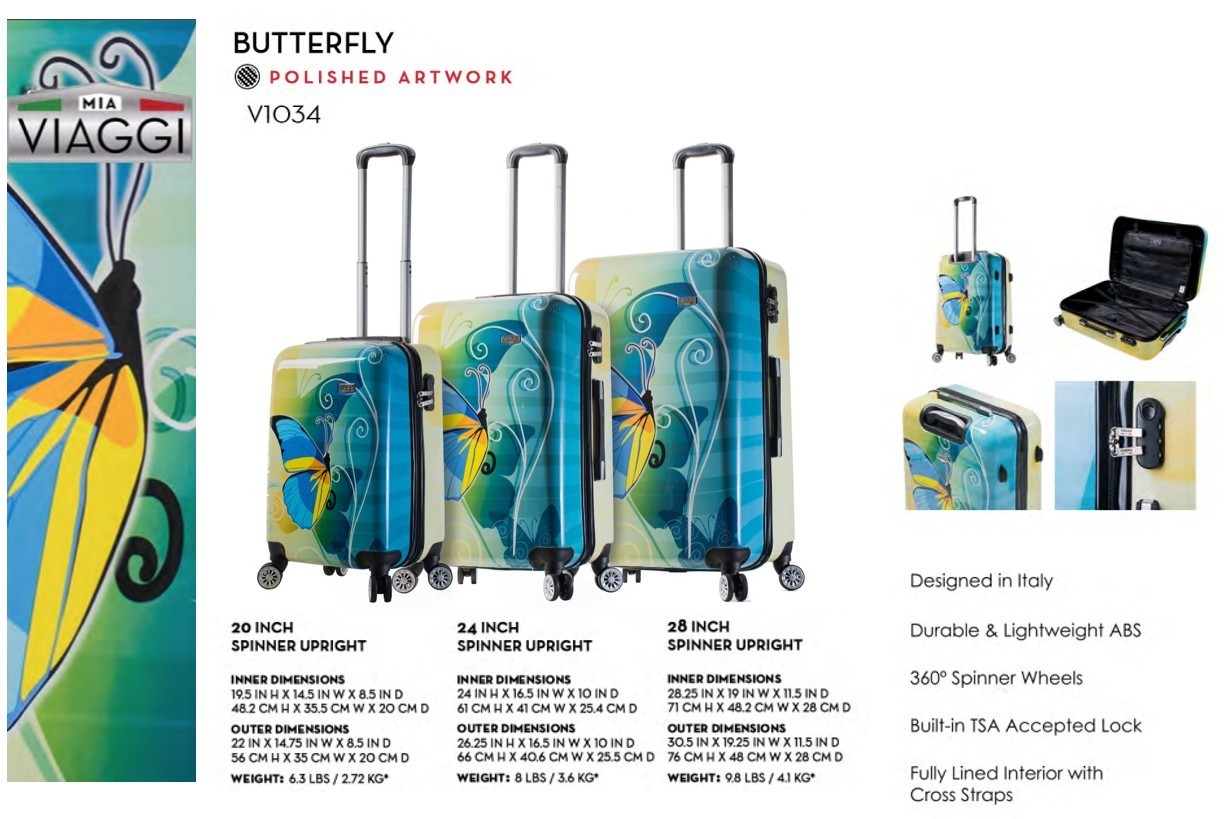 Mia Viaggi Italy Set Hardside Luggage 3 Pieces (20"/24"/28") Spinner-Butterfly