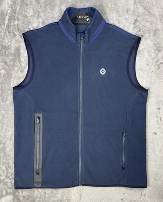 Greyson Algonquin Fleece Vest Mens L Blue Full Zip Primaloft Mock Neck Logo