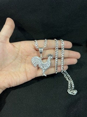 925 Sterling Silber Herren Großer Hahn Huhn Hahn Gallo Anhänger Panzerkette 22 26