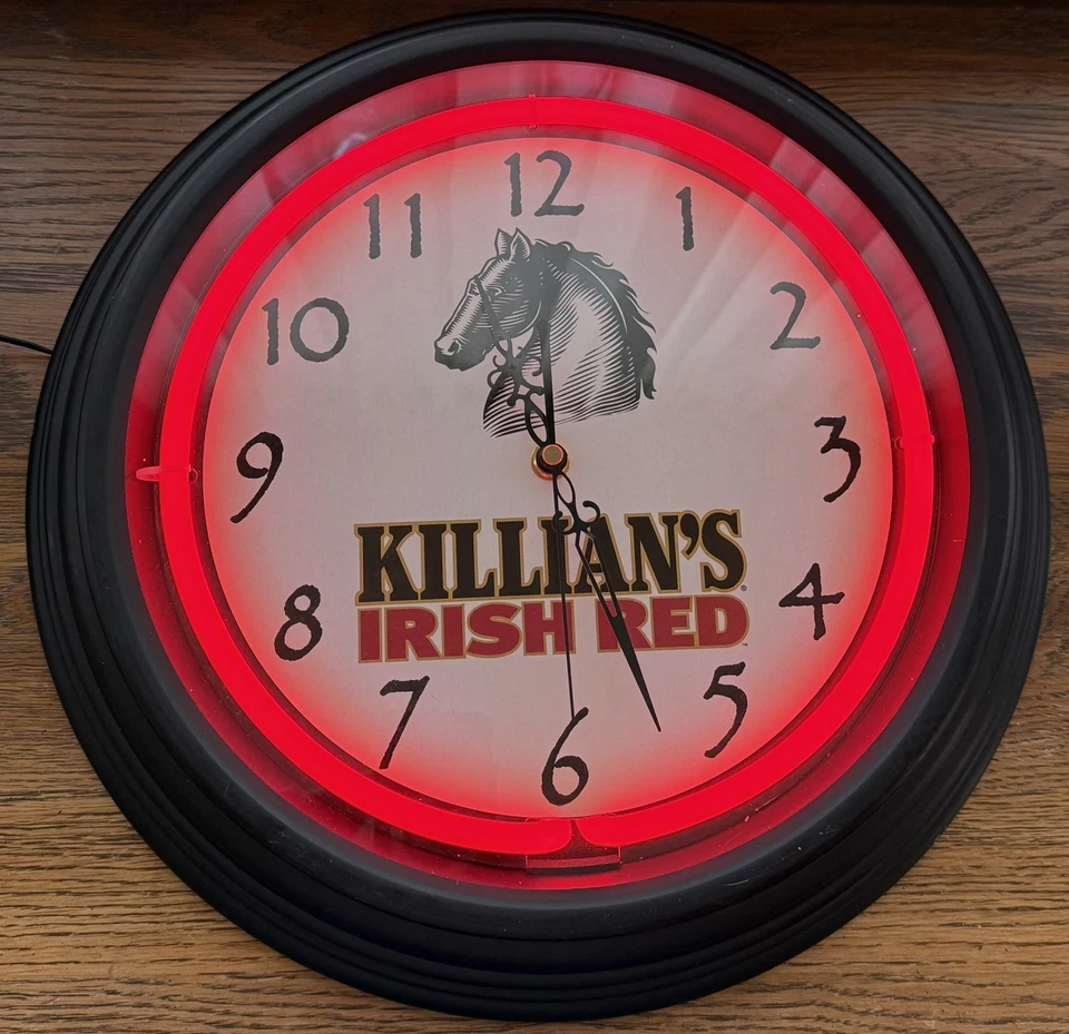 "Reloj de pared vintage Killian's Irish Red Beer neón funcionando con cable 15""" Foto 2 de 4