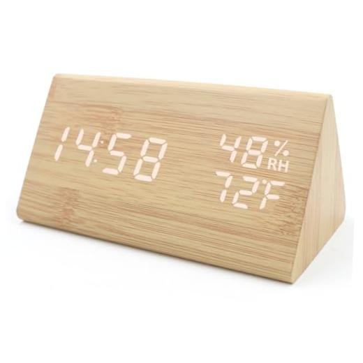 Wooden Digital Alarm Clocks for Bedrooms - Electric Desk Clock with Bamboo