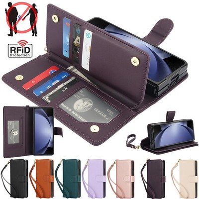 For Samsung Galaxy Z Fold 7 6 5 4 3 Leather Wallet Card Case Flip Cover w/Strap