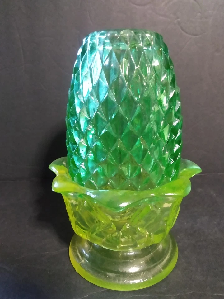 VINTAGE RARE HTF Brooke Crescent Pineapple VASELINE YELLOW & GREEN 6" FAIRY LAMP - Image 3 of 4