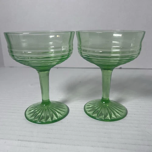 2 Anchor Hocking Circle Green Champagne Sherbert Depression Uranium Glass