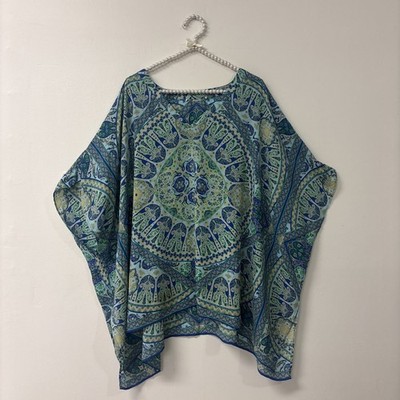 Rose & Olive Mandala Vneck Blue Sheer  3/4 Sleeves Sz Lg Beach Boho Indie