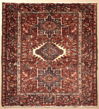 Vintage Karajeh Tribal Wool Rug 5x7 Hand Knotted Rust Blue Geometric Nomad Boho