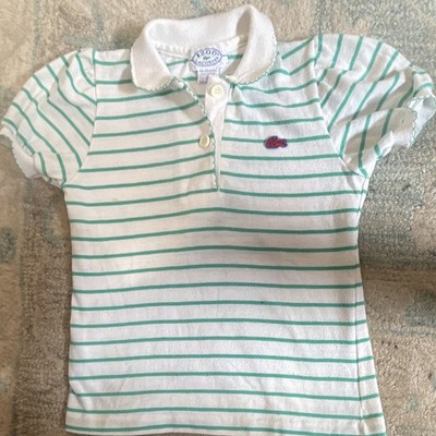 IZOD Lacoste Girls  White/Green Striped Short Cap Sleeve Polo Logo Button Size 6