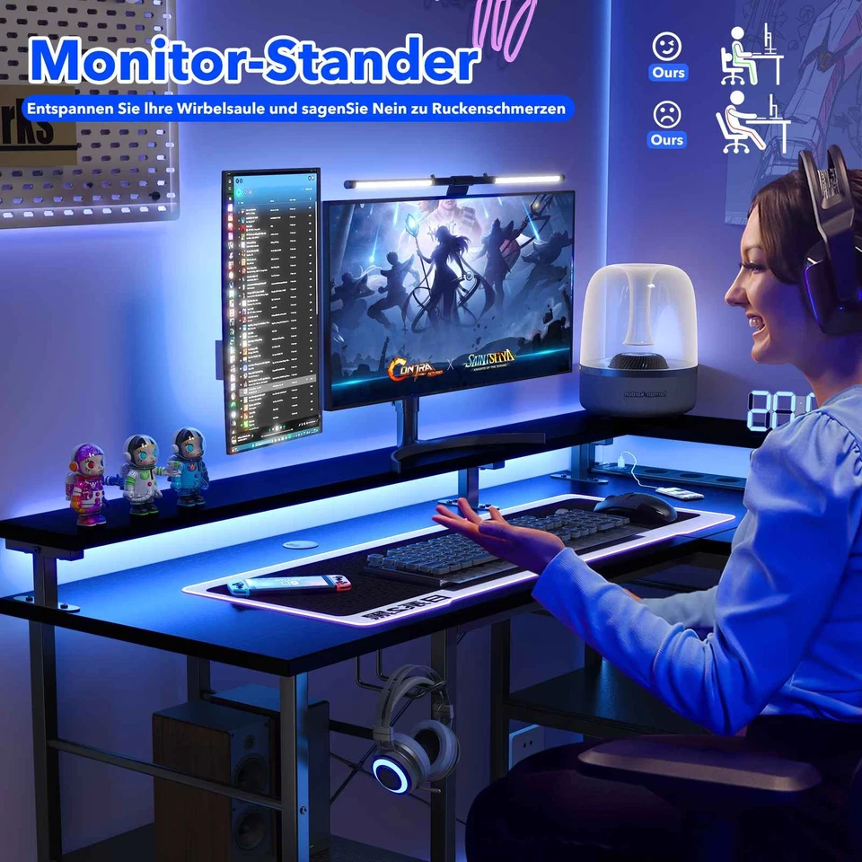 Aiorber L-förmiger Schreibtisch Bürotisch mit LED-Litch Gamer Computertisch - Bild 3 von 4