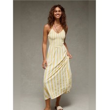 American Eagle Yellow White Striped Smocked Maxi Dress Cotton Size L New
