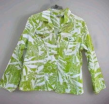 CHICO'S LONG SLEEVE BUTTON-UP JACKET SZ 2 L-12 VIBRANT LIME GREEN TROPICAL