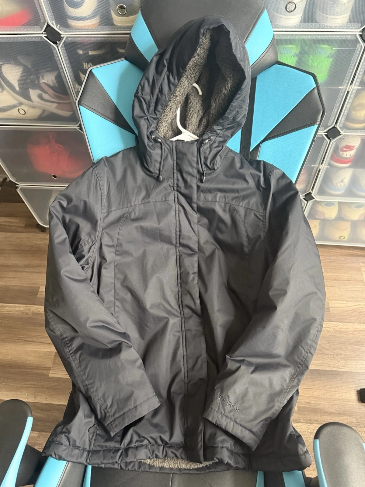 LL BEAN Jacket Winter Warmer Hood Fleece Lined Coat Black Size L
