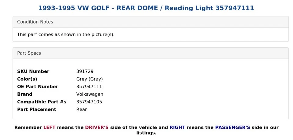 VW GOLF 1993-1995 - cúpula trasera / luz de lectura 357947111 Foto 3 de 4