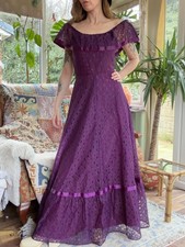 Vintage 1970s Maxi Dress by C&A Bardot Lace Layered Frilly Fairycore Purple 8