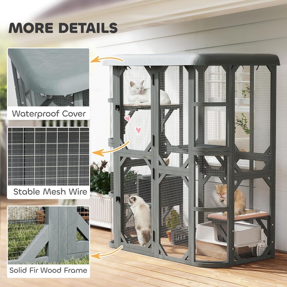 PawHut Wooden Catio Cat Outdoor Enclosure, Cat Cage with Waterproof ...
