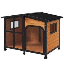 Outdoor Dog House Large Cabin Yellow Asphalt Roof Pet Shelter with Wide View for