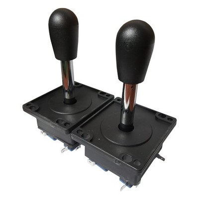 Two-player American arcade joysticks, black eight-way oval handle.