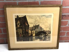 Antique Color Etching Print Bridge in Bruge European Village Water Bridge Framed