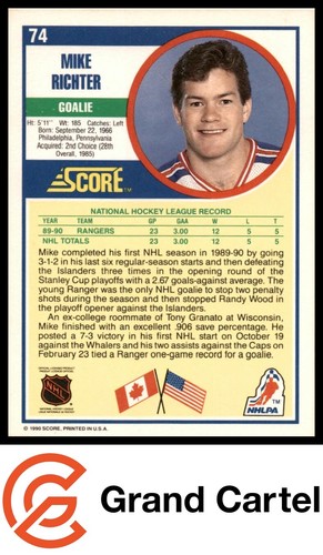 1990-91 Score American #74 Mike Richter RC - New York Rangers GRAND-CARTEL - 第 2/2 張圖片