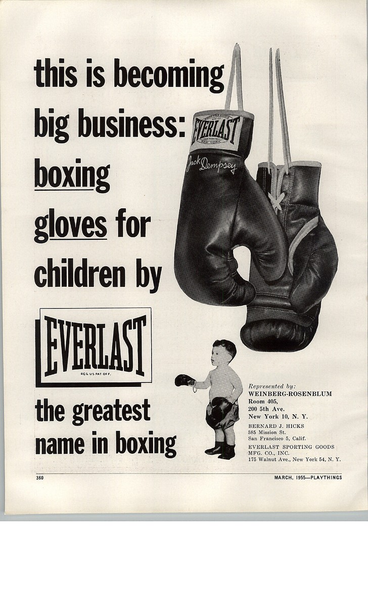 1955 PAPER AD Jack Dempsey Everlast Boxing Gloves Kid's Play