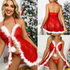 Women Christmas Lingerie Santa Babydoll Set Strap Chemises Outfit Lace Sleepwear