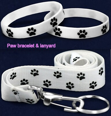 Paw Print Lanyard & Silicone Bracelet Dog Cat Gift Bundle White