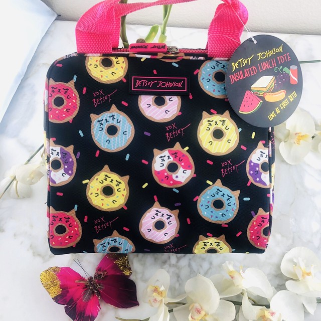 BETSEY JOHNSON Cat Donut Lunchbox Tote Bag Insulated Cooler Black Pink