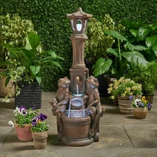 Resin Frog and Lamppost Fountain, Rustic Multi-Brown