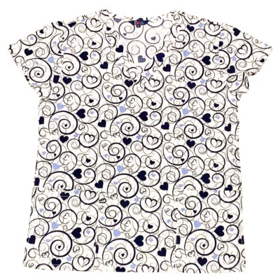 Womens Fashion Medical Nursing Scrub Tops Heart Floral Swirls Navy Bungee S - Image 1 of 2
