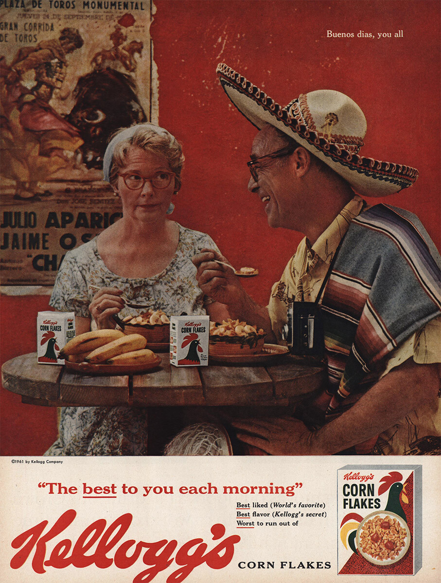 Kellogg's Corn Flakes ヴィンテージ広告　額装 1961 Kelloggs Corn Flakes: Buenos Dias You All Vintage Print Ad | eBay