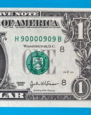 H 90000909 B : BINARY (0 & 9) FLIPPER $1 One Dollar Bill Fancy