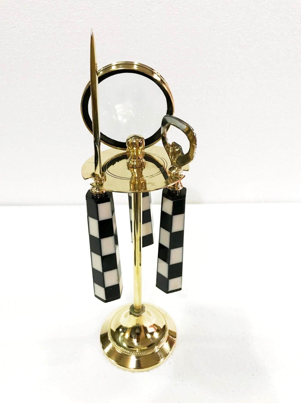 Vintage Brass Checker Magnifying Glass Bottle & Letter Opener on Stand